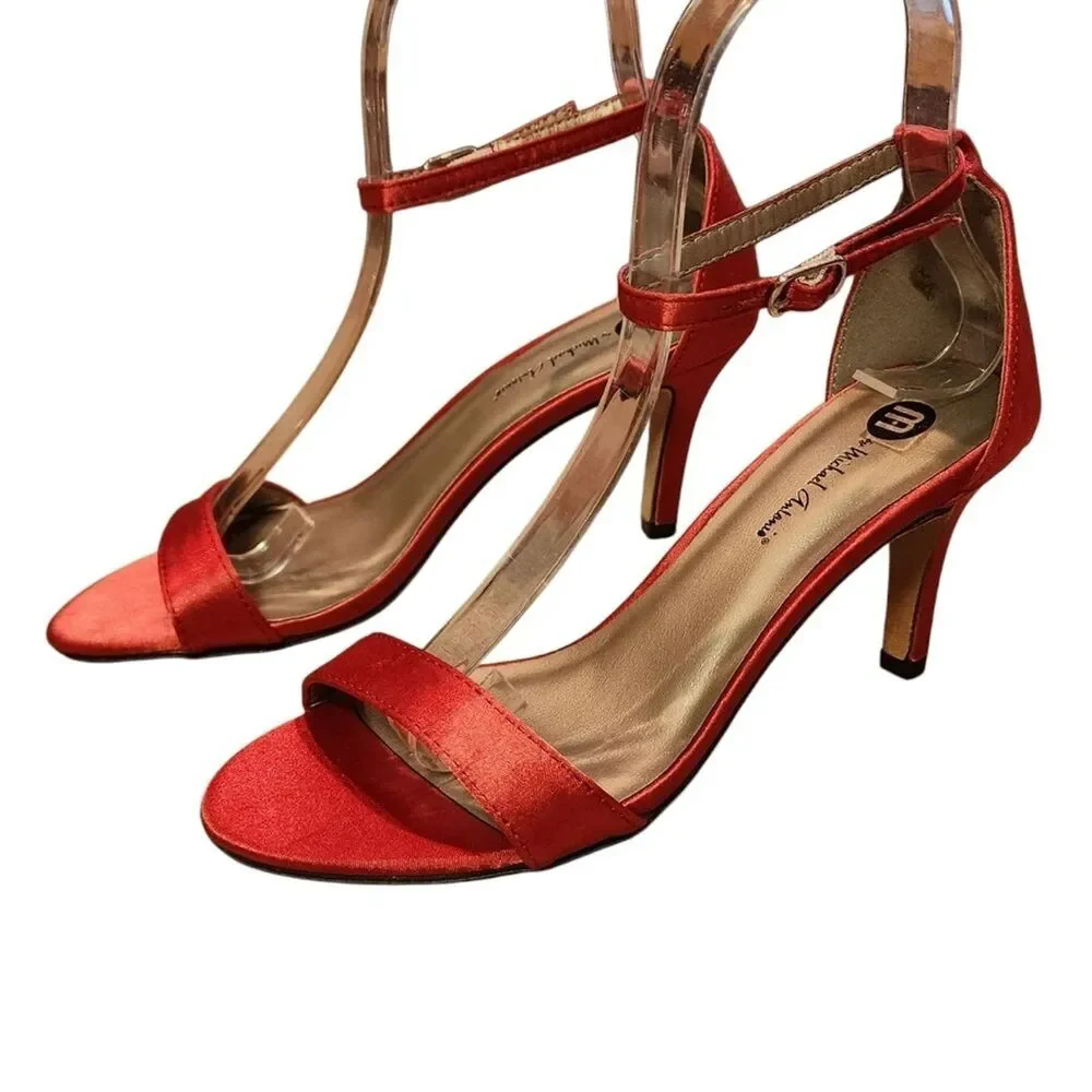 Michael Antonio Satin Ankle Strappy High Heel Open Toe Shoes Womens 6 Red Party